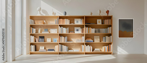 Light Wooden Bookshelf With Books And Decorations In A Modern Home Interior