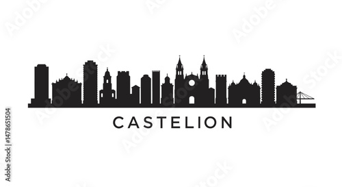 Castellon Skyline with Spain Vector, and Black Silhouette.