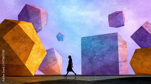 Silhouette of a person walking through geometric shapes in surreal scene
