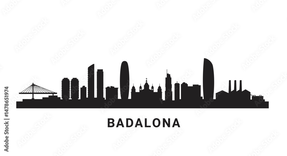Naklejka premium Badalona skyline silhouette with city, Spain, and vector.