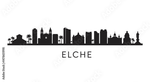 Elche Spain Skyline Silhouette with Vector, and Black.