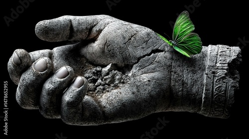 Stone hand with green butterfly symbol of nature transformation hope
