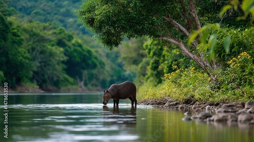 Tapir by river in lush tropical forest