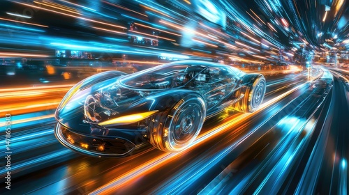 Night city traffic shows blurred red car lights in fast motion on the highway