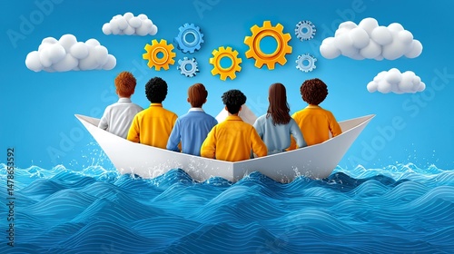 Teamwork concept people sailing in a paper boat under gear symbols
