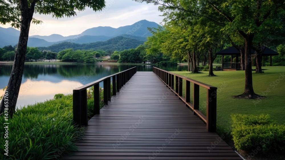 Fototapeta premium Leeyongjay's idyllic landscape depicts a tranquil wooden pier extending into a serene lake reflecting mountains under a soft twilight sky. It's beautiful!