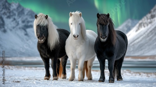 Three icelandic horses in snowy landscape