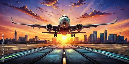 Retro Airplane Ink Sketch Takeoff City Skyline Bokeh - Vintage Aviation Stock Photo