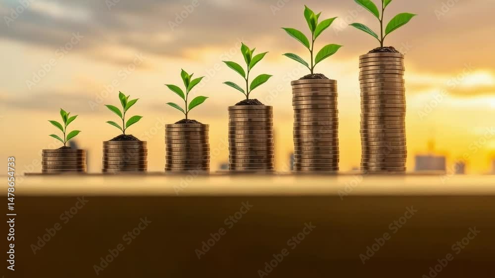 Stacks of coins with small plants represent financial growth against a city skyline
