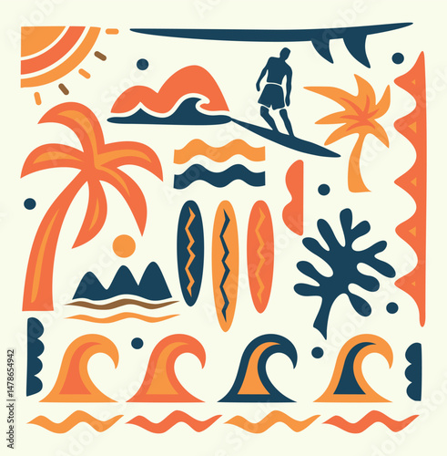Stylized illustration of graphic and tribal elements related to summer, beach and surfing.