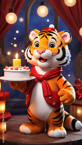 A cheerful tiger is happily holding a cake and a glowing candle