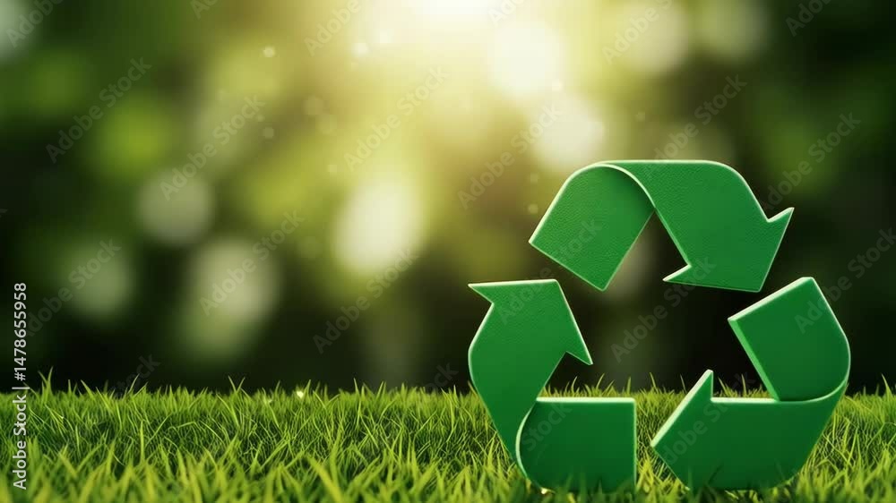 Green recycle symbol stands on lush grass with a blurred natural background