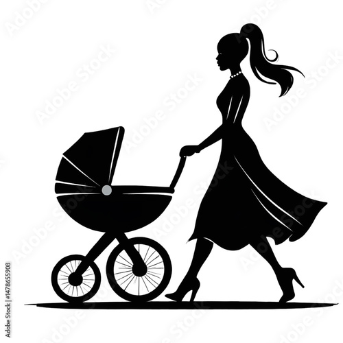 Elegant Mom with Baby Stroller Icon – Motherhood Silhouette Vector Art