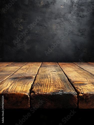 Rustic wooden table top against a dark background