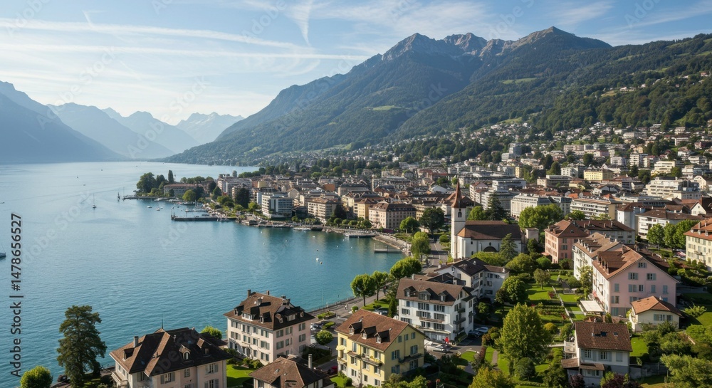 Fototapeta premium Scenic lake town nestled in Swiss Alps