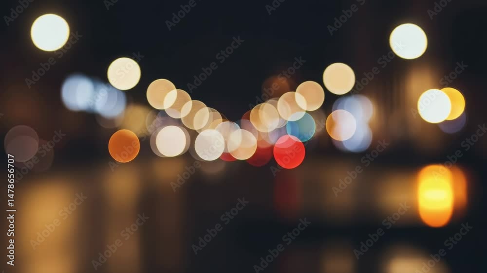 Wooden table with blurred city lights bokeh in the background at night