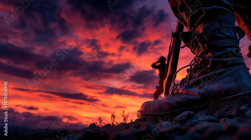 Person walking on a hilltop with boots and helmet silhouette against a vibrant sunset sky and memorial structure