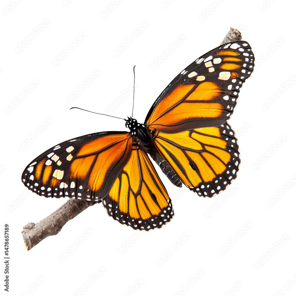 Obraz premium vibrant monarch butterfly perched on twig, showcasing its striking orange and black wings. This beautiful insect symbolizes transformation and nature beauty
