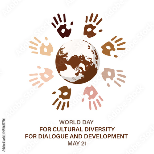 World Day for Cultural Diversity for Dialogue and Development vector. Hand print around planet earth silhouette icon set vector. Human handprint with different skin colors icon. May 21. Important day 