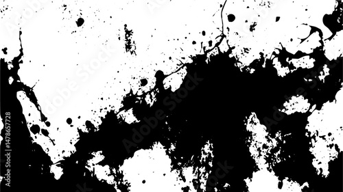 Abstract Black Ink Splatter and Drip Texture on White Background for Grunge Design