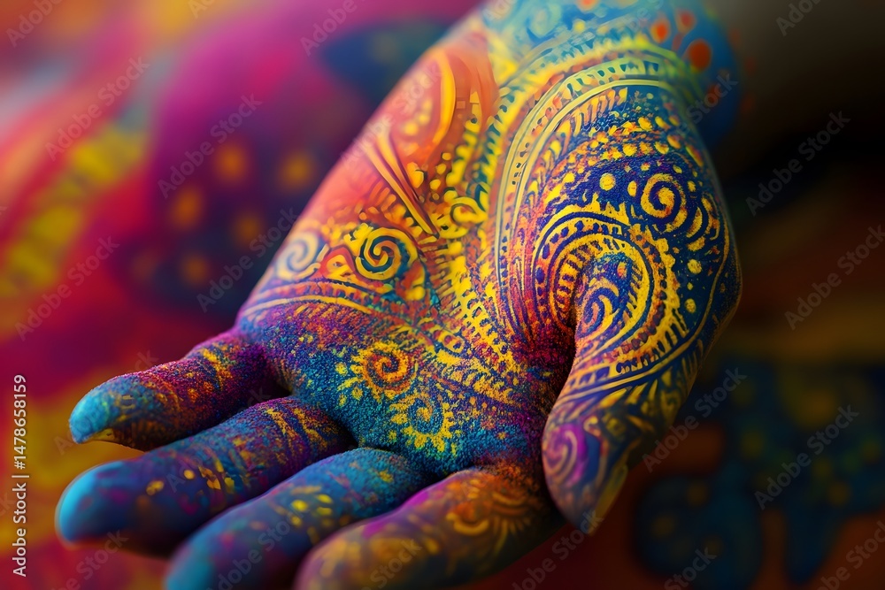 Obraz premium A vibrantly colorful hand adorned with intricate designs and bursting with vivid shades of powders in focus.