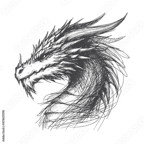 Hand-Drawn Dragon Head Side View Vector – Sketch Style Mythical Creature Illustration for T-Shirts, Stickers, and Posters.