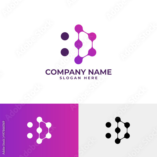 A purple, stylized logo features interconnected circles (nodes) forming a 'D' shape. This design suggests a network, connection, for brand in the technology or communication sector