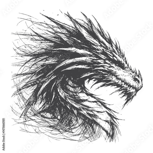 Hand-Drawn Dragon Head Side View Vector – Sketch Style Mythical Creature Illustration for T-Shirts, Stickers, and Posters.