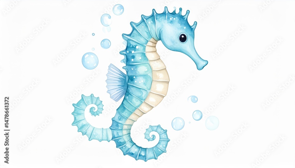 Fototapeta premium Enchanting underwater encounter, a seahorse navigating sparkling world of bubbles