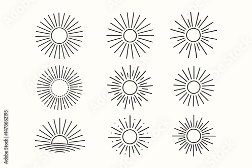 Hand drawn sunburst vector icons set. Minimal sun symbols, line art sunrise and sunshine designs