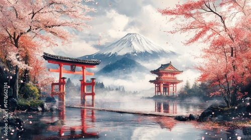Peaceful Japanese landscape with cherry blossoms and a mountain