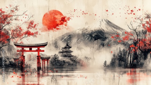 Japanese landscape with serene pagoda, torii gate, and majestic mountain.  Cherry blossoms paint the scene in vibrant hues