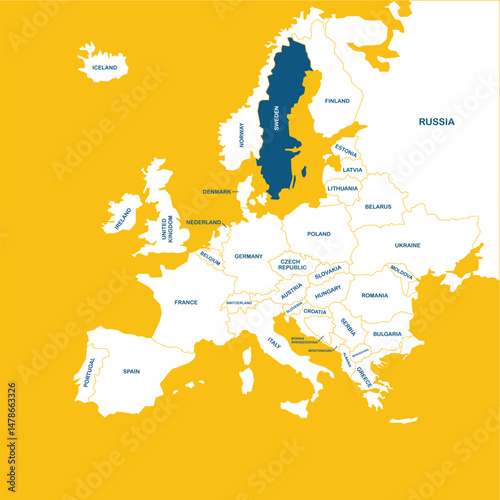 Sweden vector map, Europe, vector map silhouette illustration isolated on Europe map. Editable blank vector map of Europe. 