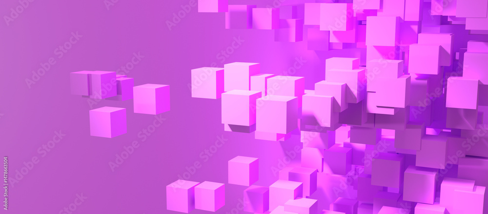 Abstract composition of numerous purple and magenta cubes appearing to float and cluster against a lighter purple background, creating a sense of depth and movement Abstract composition of numerous purple and magenta cubes appearing to float and cluster against a lighter purple background, creating a sense of depth and movement
