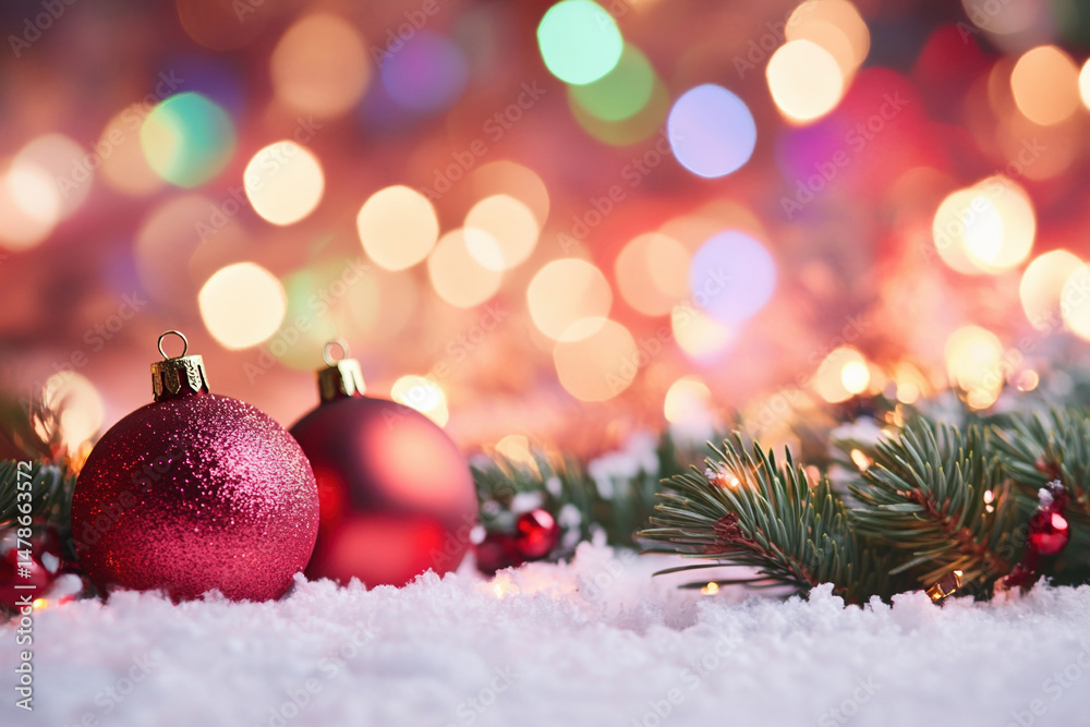 Fototapeta premium Christmas ornament baubles on snow with pine branch and festive bokeh lights create warm holiday celebration scene.