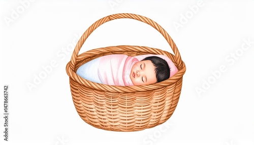 Sweet dreams, adorable baby sleeping peacefully in a cozy basket, heartwarming scene of serenity