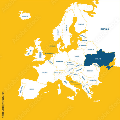 Ukraine vector map, Europe, vector map silhouette illustration isolated on Europe map. Editable blank vector map of Europe. 