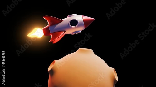 3d red and silver colored Rocket flying and moon, with transparent background and cartoon style