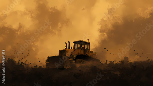 Bulldozer working in a quarry, dust and dirt flying. [Dust Opera] | Candle Dirge | flickering grief. Illustration