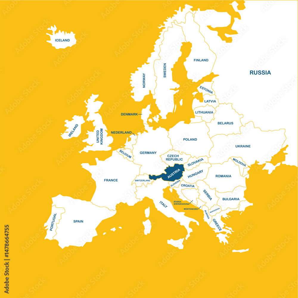 Obraz premium Austria vector map, Europe, vector map silhouette illustration isolated on Europe map. Editable blank vector map of Europe. 