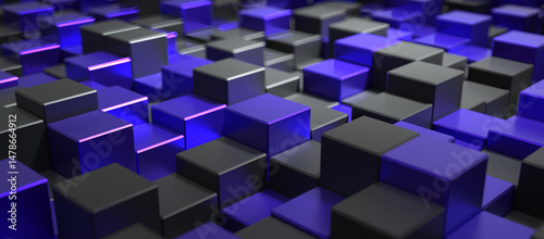 Close-up view of an abstract surface composed of vibrant blue and black metallic cubes arranged at varying heights, creating a dynamic and textured background 