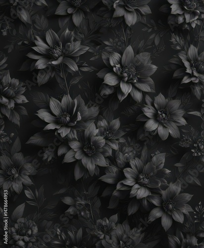 Abstract charcoal floral wallpaper, dark seamless botanical print  , charcoal, pattern, graphic