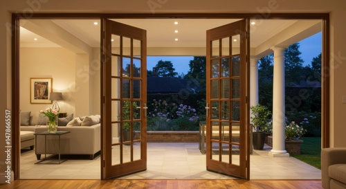 Elegant home interior with French doors leading to a patio. Twilight view