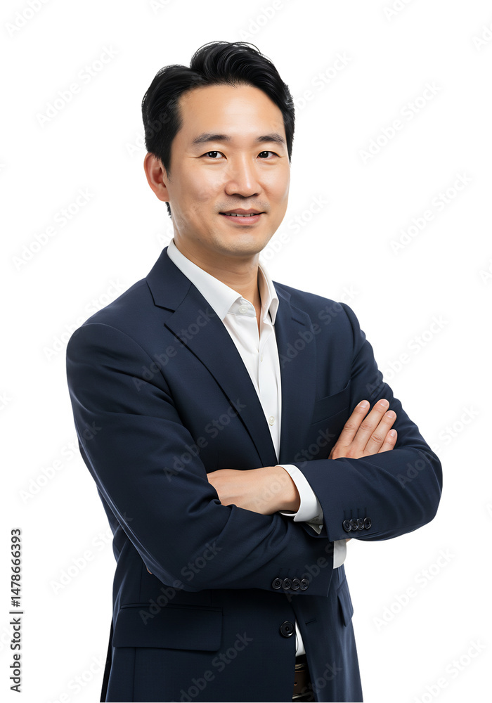 Headshot portrait of a smiling Asian businessman or employee wearing a dark suit, arms crossed. Confident and professional profile. Transparent background Headshot portrait of a smiling Asian businessman or employee wearing a dark suit, arms crossed. Confident and professional profile. Transparent background