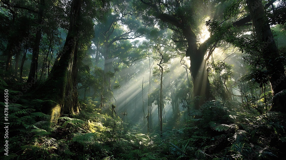 Fototapeta premium Sunbeams filter through dense green forest