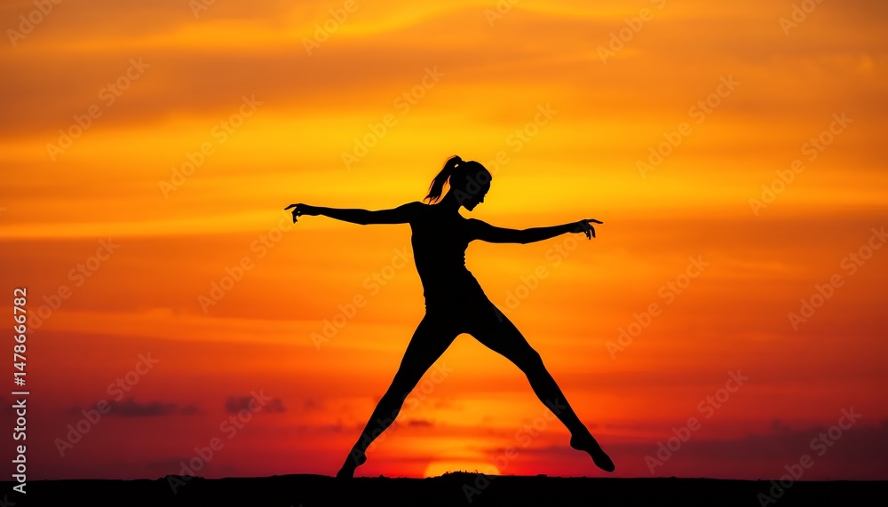 Silhouette of a Woman in Dynamic Dance Pose Against Colorful Sunset Sky Featuring Warm Hues And Outstretched Arms Embodying Freedom Hope And Renewal And Female Empowerment Silhouette of a Woman in Dynamic Dance Pose Against Colorful Sunset Sky Featuring Warm Hues And Outstretched Arms Embodying Freedom Hope And Renewal And Female Empowerment