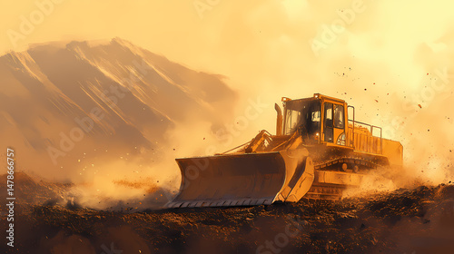 Bulldozer working in a quarry, dust and dirt flying. [Dust Opera] | Candle Dirge | flickering grief. Illustration