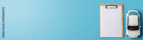 Car insurance and policy coverage concept. Miniature car and clipboard on a blue background, symbolizing car-related business or planning.