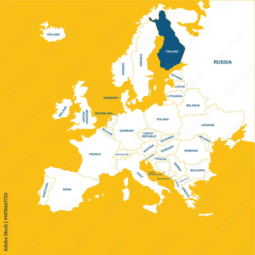 Obraz premium Finland vector map, Europe, vector map silhouette illustration isolated on Europe map. Editable blank vector map of Europe. 