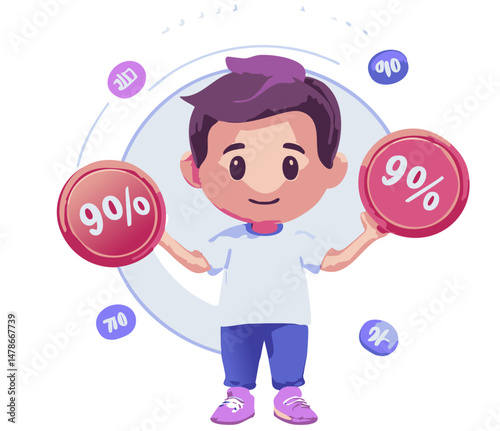 Cute cartoon character holding two red 90% discount signs with colorful percentage symbols floating around, perfect for big sales, promotional events, and marketing visuals

